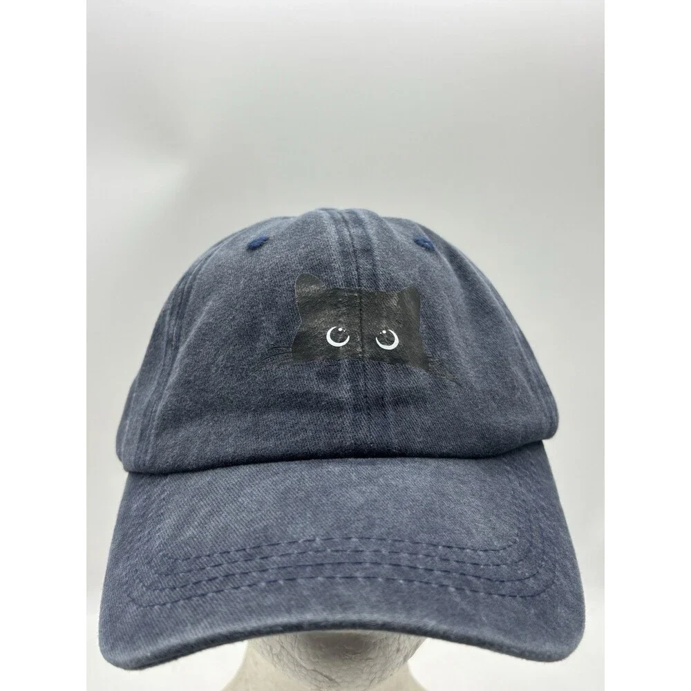 Peeking Black Cat Denim Hat Acid Wash Blue Grey Novelty Unstructured Dad Cap
